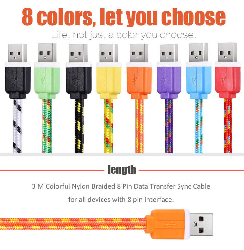 3M Colorful Nylon Braided 8 Pin Transfer Data Sync Line Charging Cable for iPhone 6 / 6s