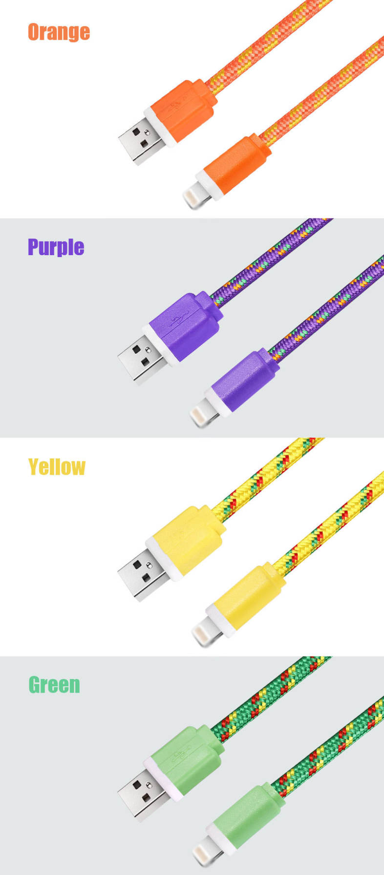 3M Colorful Nylon Braided 8 Pin Transfer Data Sync Line Charging Cable for iPhone 6 / 6s