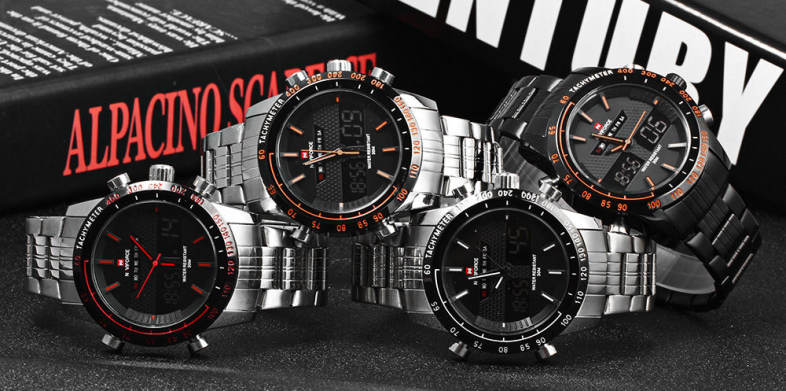 NAVIFORCE NF9024 Dual Movt Men Quartz Watch Analog Digital LED Wristwatch Calendar Watches Stainless Steel Strap