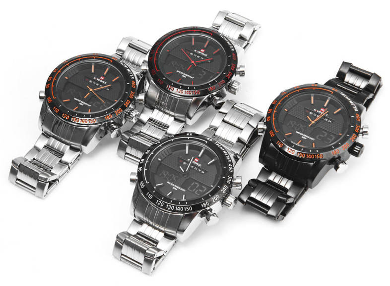 NAVIFORCE NF9024 Dual Movt Men Quartz Watch Analog Digital LED Wristwatch Calendar Watches Stainless Steel Strap