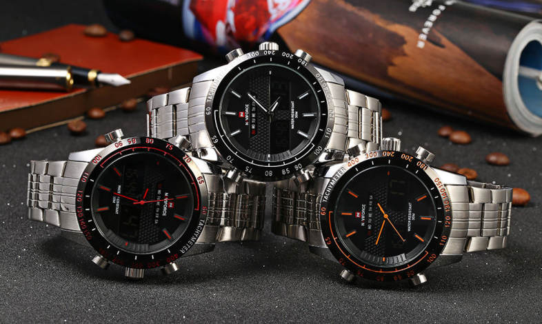 NAVIFORCE NF9024 Dual Movt Men Quartz Watch Analog Digital LED Wristwatch Calendar Watches Stainless Steel Strap