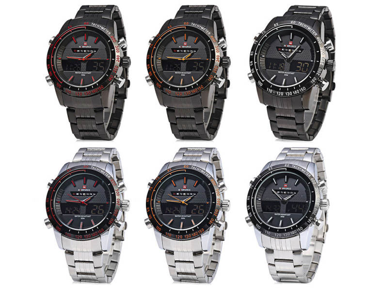 NAVIFORCE NF9024 Dual Movt Men Quartz Watch Analog Digital LED Wristwatch Calendar Watches Stainless Steel Strap