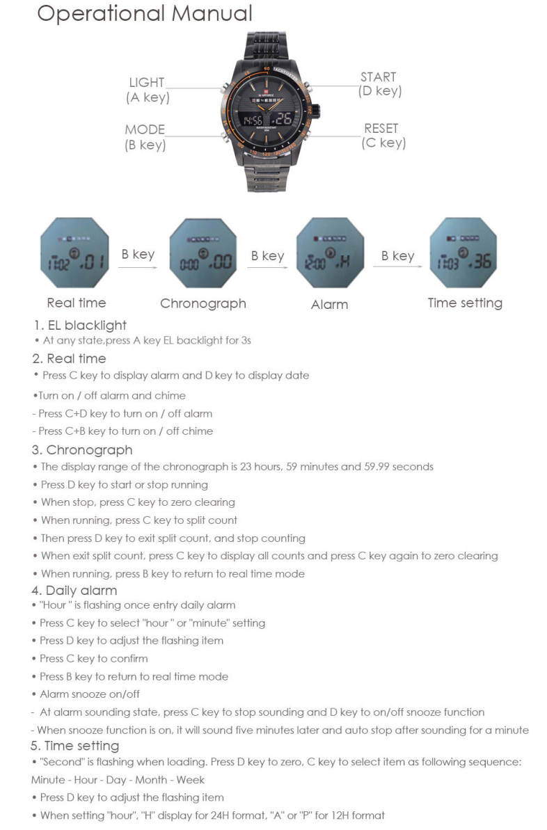 NAVIFORCE NF9024 Dual Movt Men Quartz Watch Analog Digital LED Wristwatch Calendar Watches Stainless Steel Strap