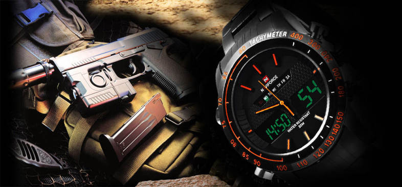 NAVIFORCE NF9024 Dual Movt Men Quartz Watch Analog Digital LED Wristwatch Calendar Watches Stainless Steel Strap