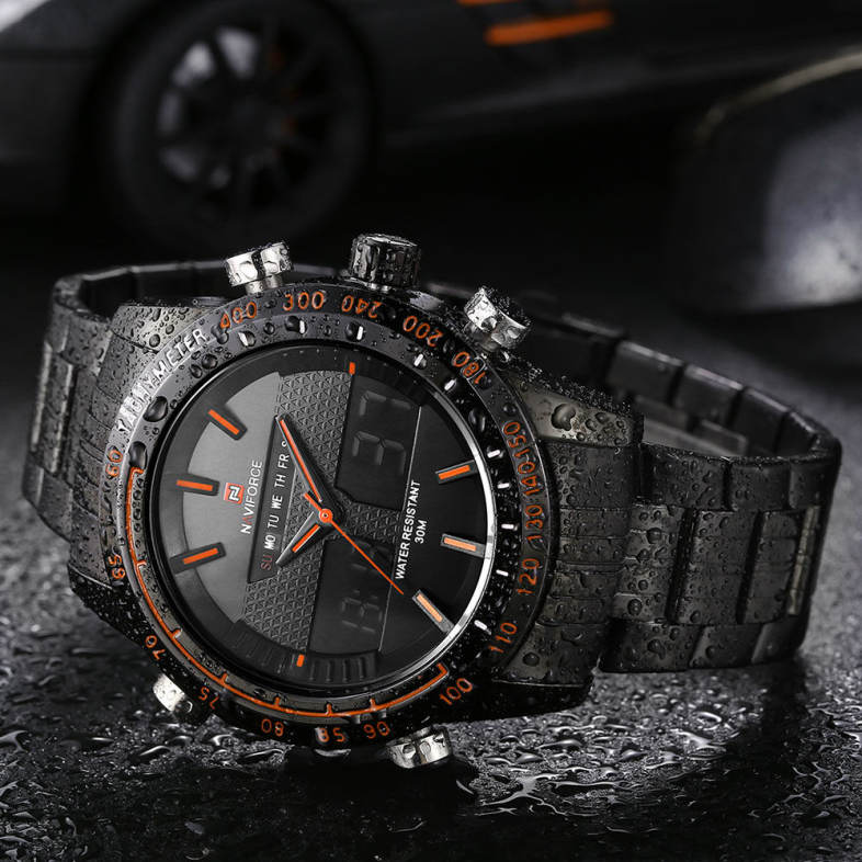 NAVIFORCE NF9024 Dual Movt Men Quartz Watch Analog Digital LED Wristwatch Calendar Watches Stainless Steel Strap