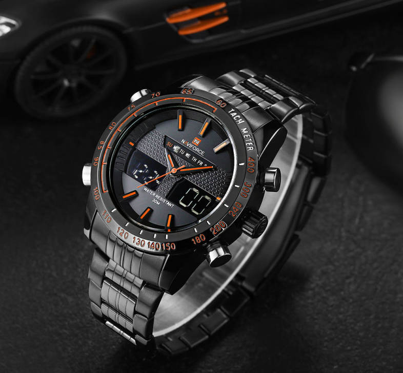 NAVIFORCE NF9024 Dual Movt Men Quartz Watch Analog Digital LED Wristwatch Calendar Watches Stainless Steel Strap