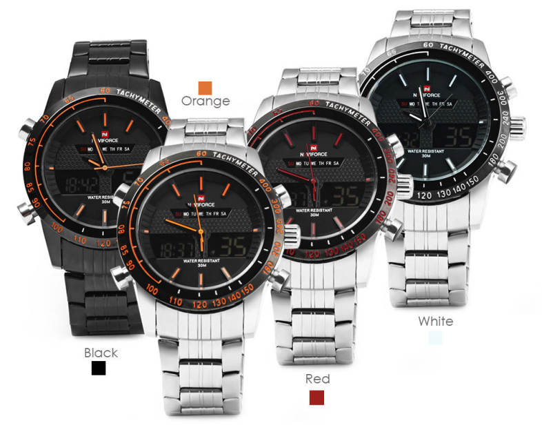 NAVIFORCE NF9024 Dual Movt Men Quartz Watch Analog Digital LED Wristwatch Calendar Watches Stainless Steel Strap