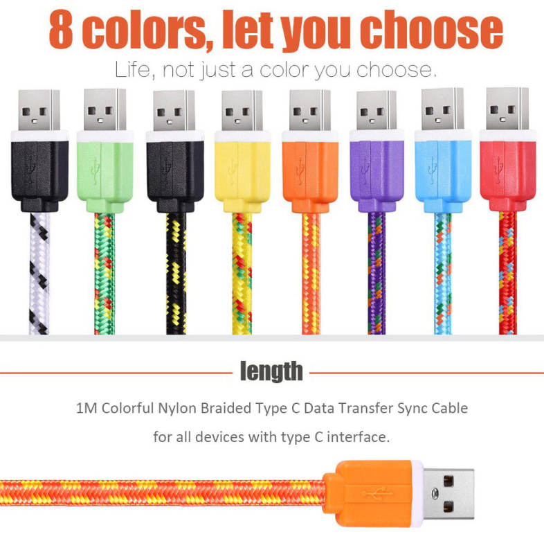 1M Type C Colorful Nylon Braided Transfer Data Sync Line Charging Cable
