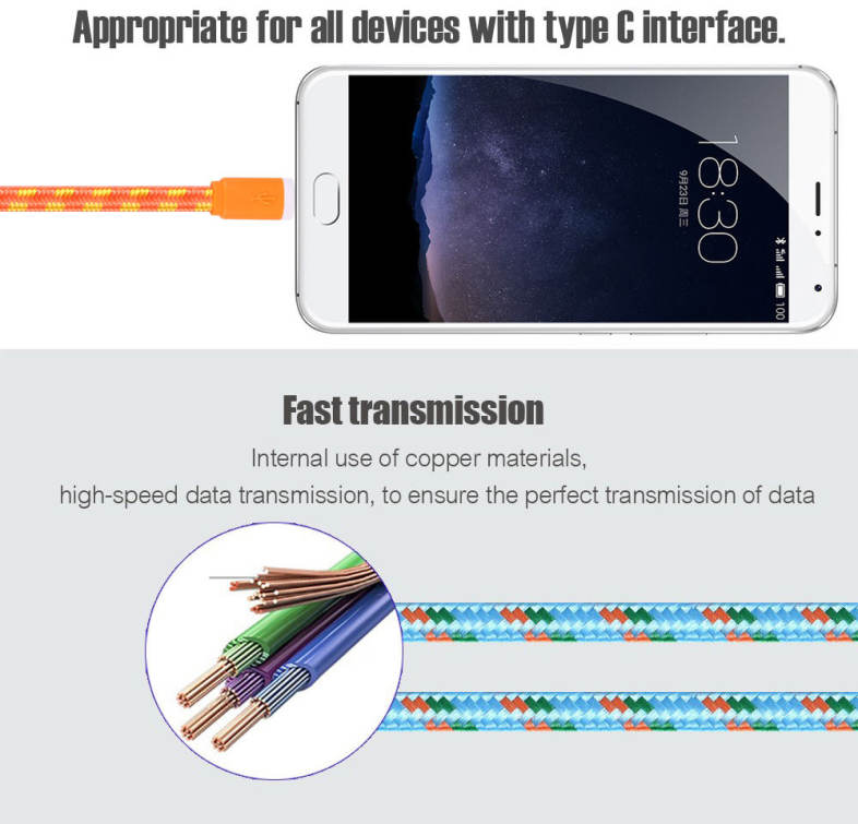 1M Type C Colorful Nylon Braided Transfer Data Sync Line Charging Cable