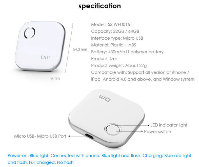 DM S3 WFD015 64GB Wireless WiFi Phone U Disk Expansion for iPhone iPad iOS / Android with LED Indicator Light