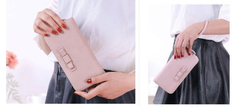 Guapabien Lady Bowknot Embellishment Lichee Pattern Horizontal Zipper Wallet