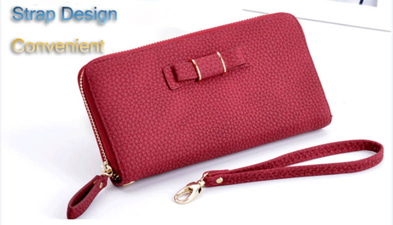 Guapabien Lady Bowknot Embellishment Lichee Pattern Horizontal Zipper Wallet
