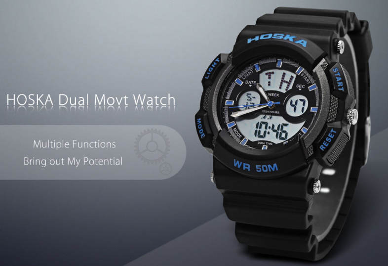 HOSKA HD004B Dual Movt Children Sport Watch Chronograph Calendar Alarm EL Backlight 5ATM Wristwatch