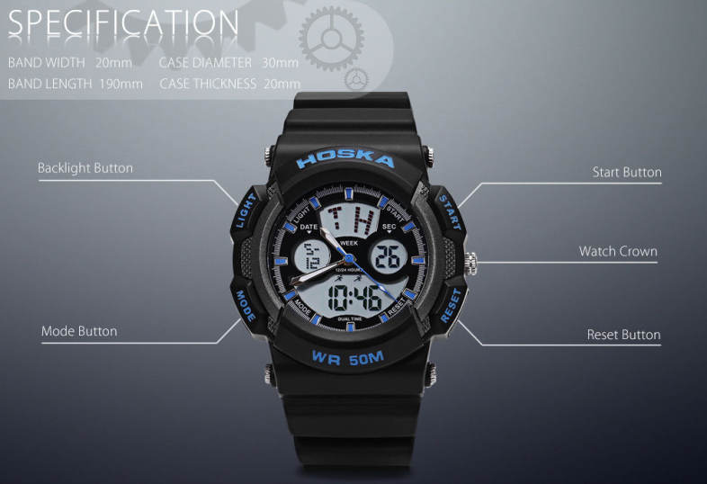 HOSKA HD004B Dual Movt Children Sport Watch Chronograph Calendar Alarm EL Backlight 5ATM Wristwatch