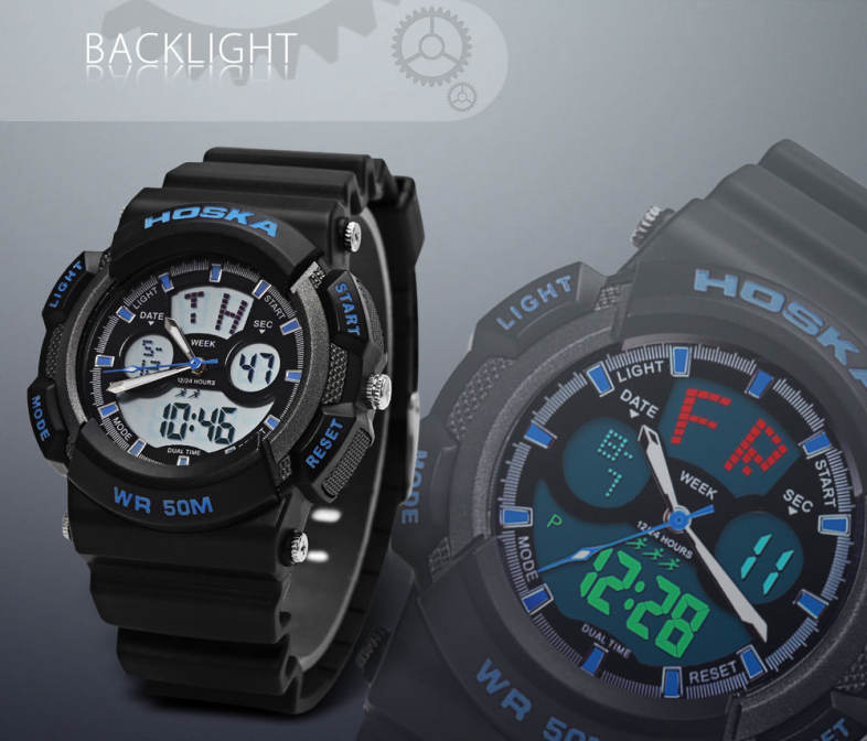 HOSKA HD004B Dual Movt Children Sport Watch Chronograph Calendar Alarm EL Backlight 5ATM Wristwatch