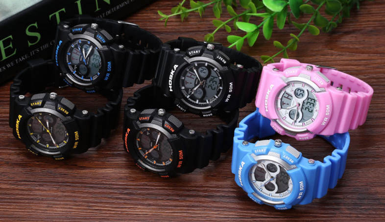 HOSKA HD004B Dual Movt Children Sport Watch Chronograph Calendar Alarm EL Backlight 5ATM Wristwatch