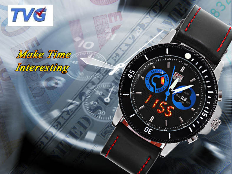 TVG 469 Dual Movt LED Digital Quartz Male Watch Luminous Chronograph Alarm Sport Wristwatch