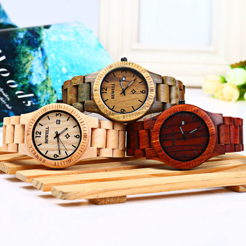 Bewell ZS - W086B Wood Men Watch Analog Quartz Movement Date Display Wristwatch