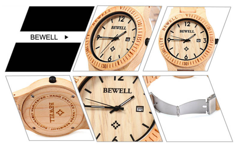 Bewell ZS - W086B Wood Men Watch Analog Quartz Movement Date Display Wristwatch