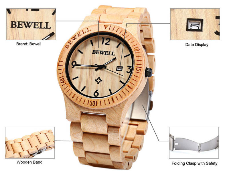 Bewell ZS - W086B Wood Men Watch Analog Quartz Movement Date Display Wristwatch