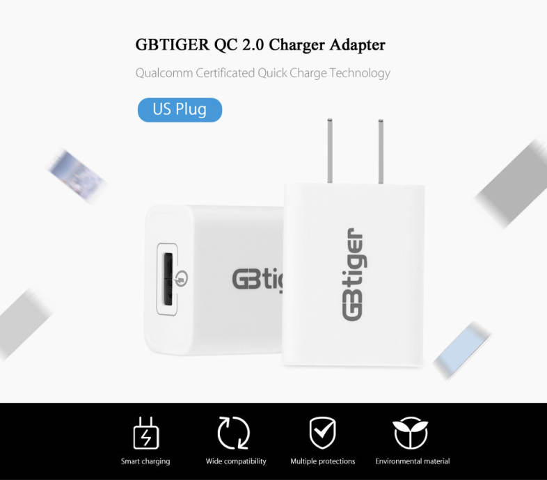 GBTIGER Qualcomm Certificated QC 2.0 Single USB Travel Charging Adapter with USB Cable
