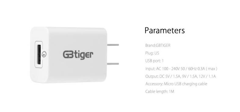 GBTIGER Qualcomm Certificated QC 2.0 Single USB Travel Charging Adapter with USB Cable