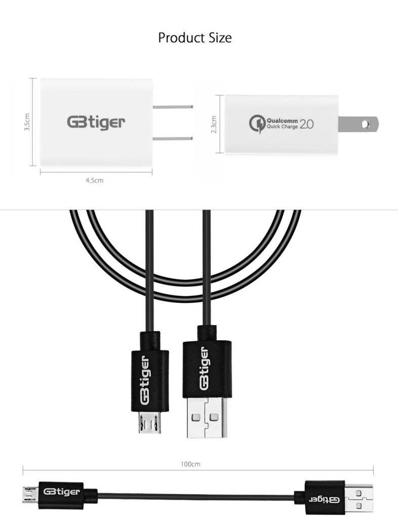 GBTIGER Qualcomm Certificated QC 2.0 Single USB Travel Charging Adapter with USB Cable