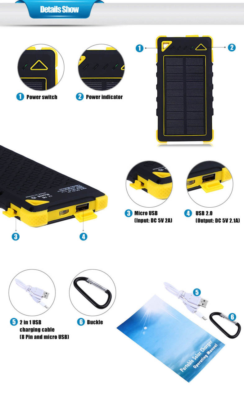 CHARMPIE S80 Solar Battery Charger Waterproof 8000mAh Dual USB Port Power Bank