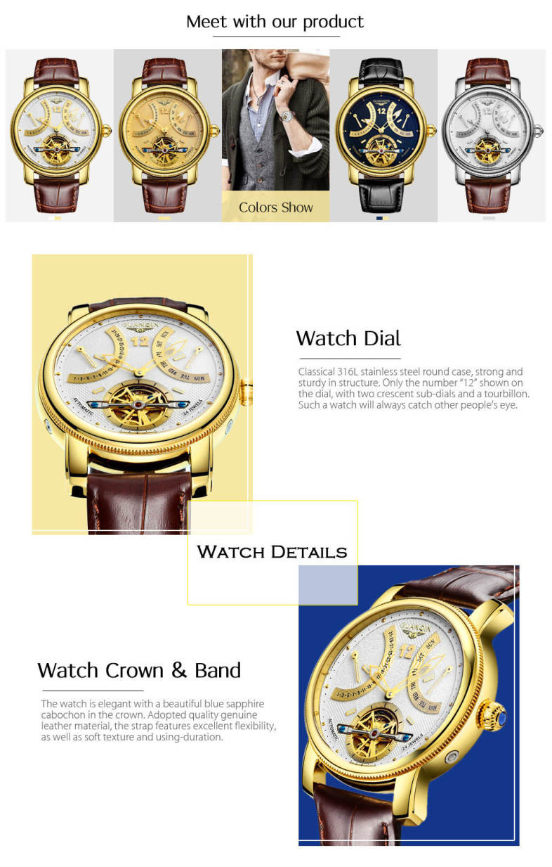 GUANQIN GJ16009 Men Automatic Mechanical Watch Dual Calendar 10ATM Transparent Movt Wristwatch