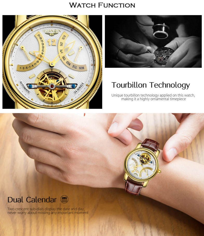 GUANQIN GJ16009 Men Automatic Mechanical Watch Dual Calendar 10ATM Transparent Movt Wristwatch