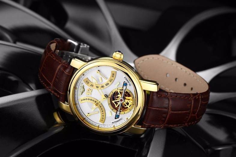 GUANQIN GJ16009 Men Automatic Mechanical Watch Dual Calendar 10ATM Transparent Movt Wristwatch