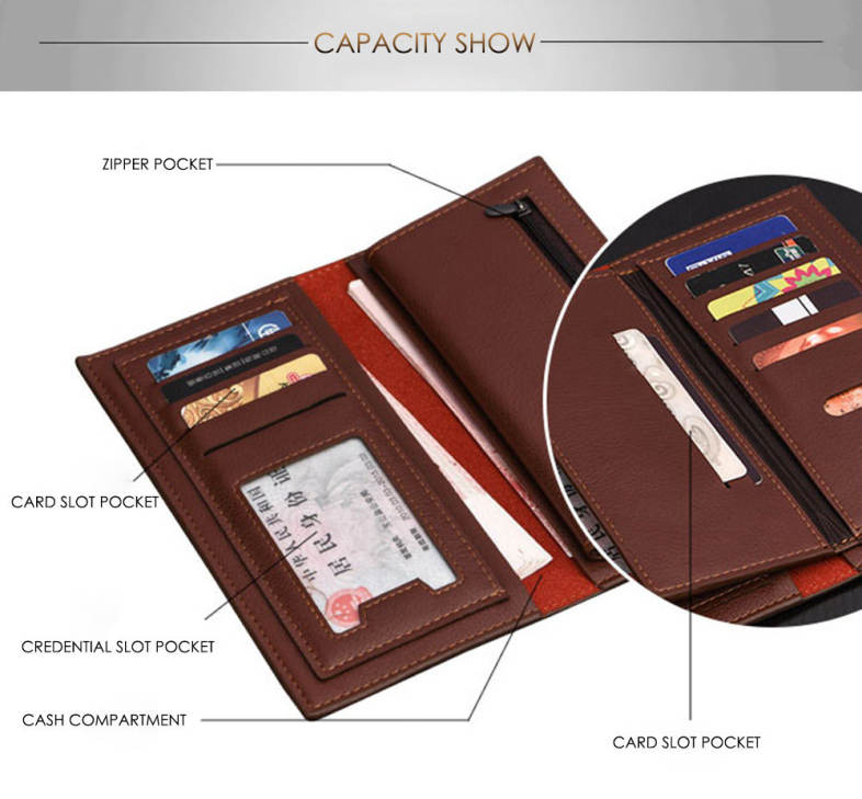 Men Lichee Pattern Solid Color Letter Open Soft Vertical Long Wallet