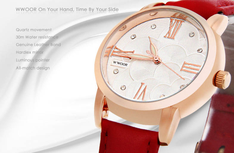 WWOOR 8803 Female Quartz Watch Luminous Pointer 30M Water Resistance Artificial Diamond Wristwatch