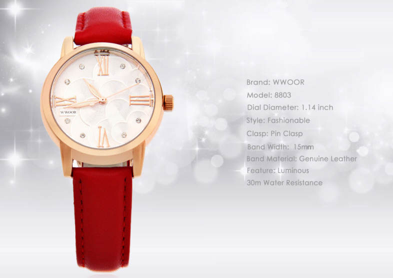 WWOOR 8803 Female Quartz Watch Luminous Pointer 30M Water Resistance Artificial Diamond Wristwatch