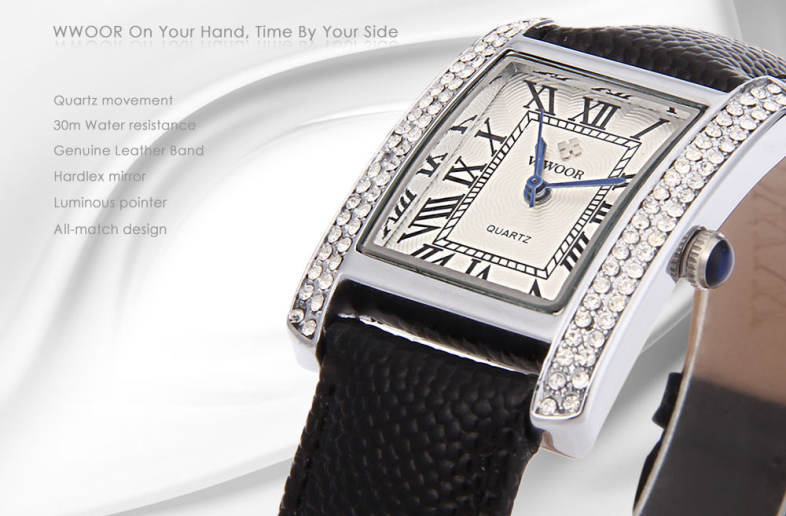 WWOOR 8806 Female Quartz Watch 30M Water Resistance Genuine Leather Strap Artificial Diamond Wristwatch