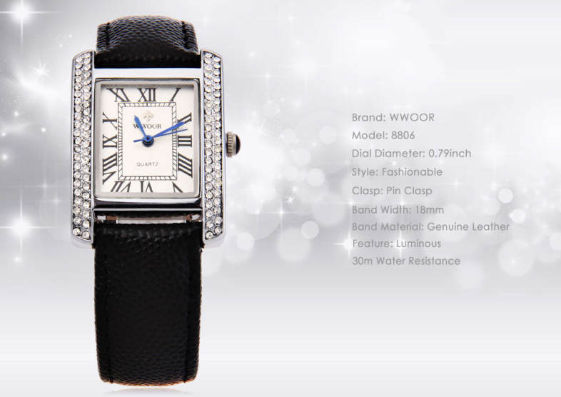 WWOOR 8806 Female Quartz Watch 30M Water Resistance Genuine Leather Strap Artificial Diamond Wristwatch