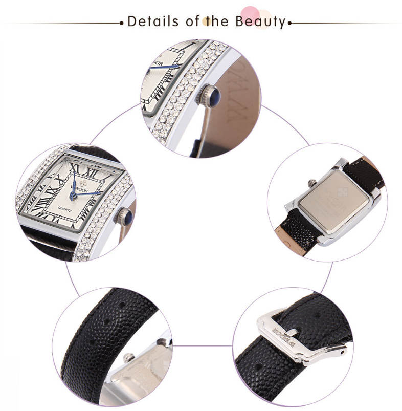 WWOOR 8806 Female Quartz Watch 30M Water Resistance Genuine Leather Strap Artificial Diamond Wristwatch