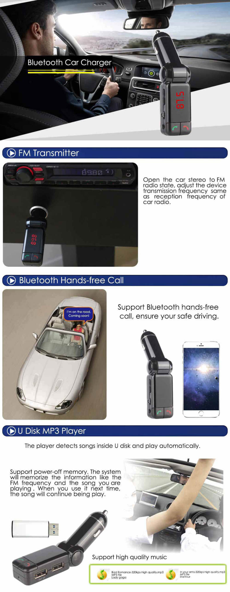 BC06S Wireless Bluetooth Car Charger Dual USB FM Transmitter Current Voltage Display