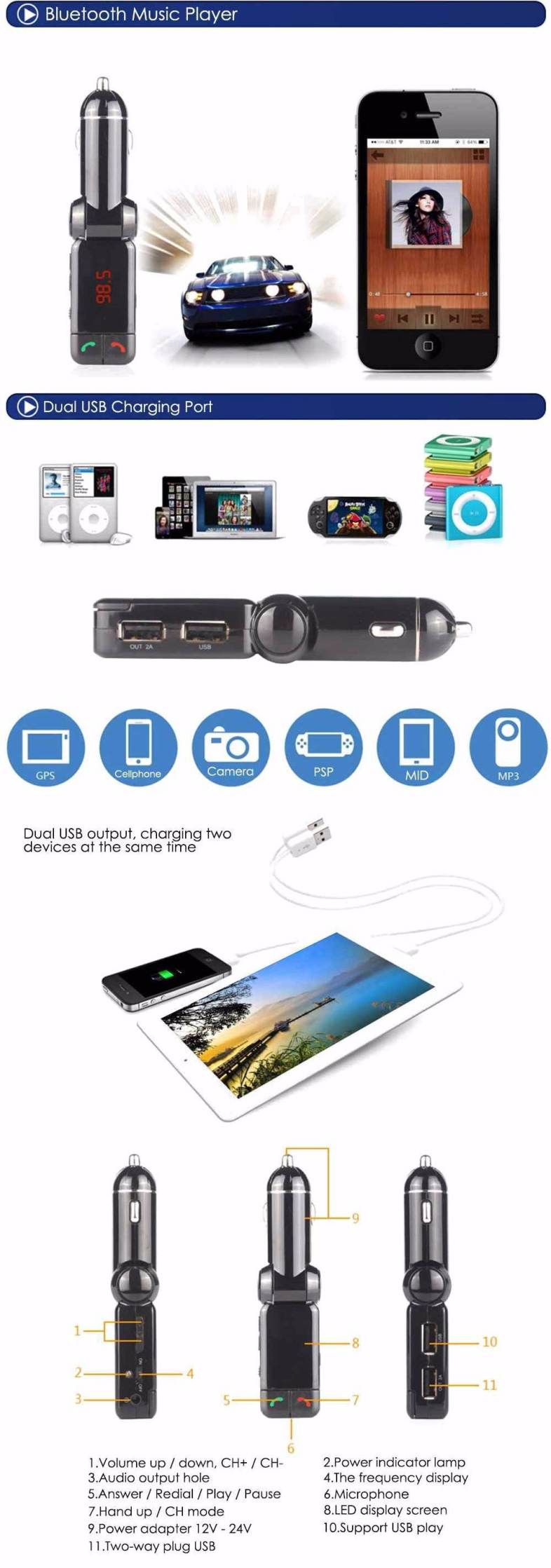 BC06S Wireless Bluetooth Car Charger Dual USB FM Transmitter Current Voltage Display