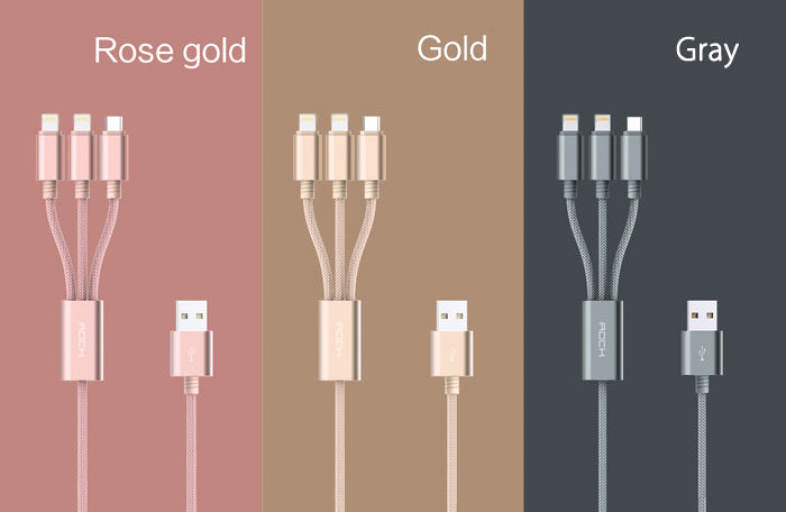 Rock RCB0436 1.2m USB Charging Cable with Dual 8 Pin Adapters   Micro USB Connector Nylon Braided Cord