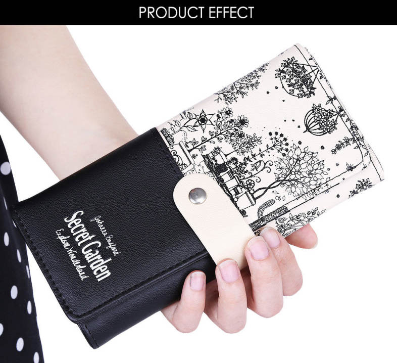 Landscape Image Print Letter Embellishment Snap Fastener Long Clutch Wallet for Lady