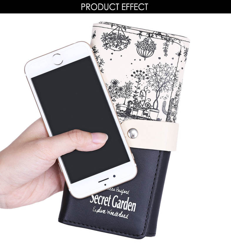 Landscape Image Print Letter Embellishment Snap Fastener Long Clutch Wallet for Lady