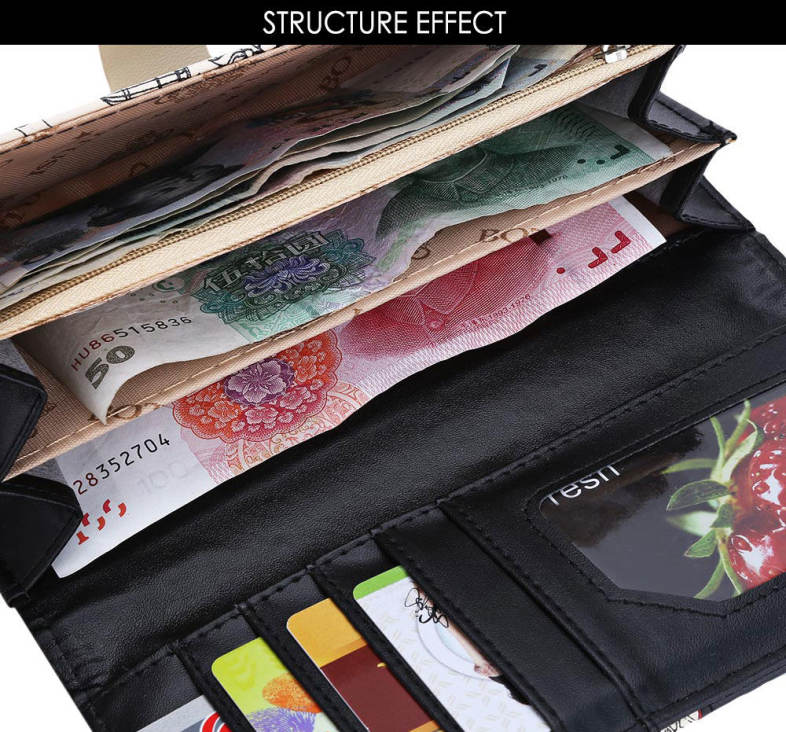 Landscape Image Print Letter Embellishment Snap Fastener Long Clutch Wallet for Lady