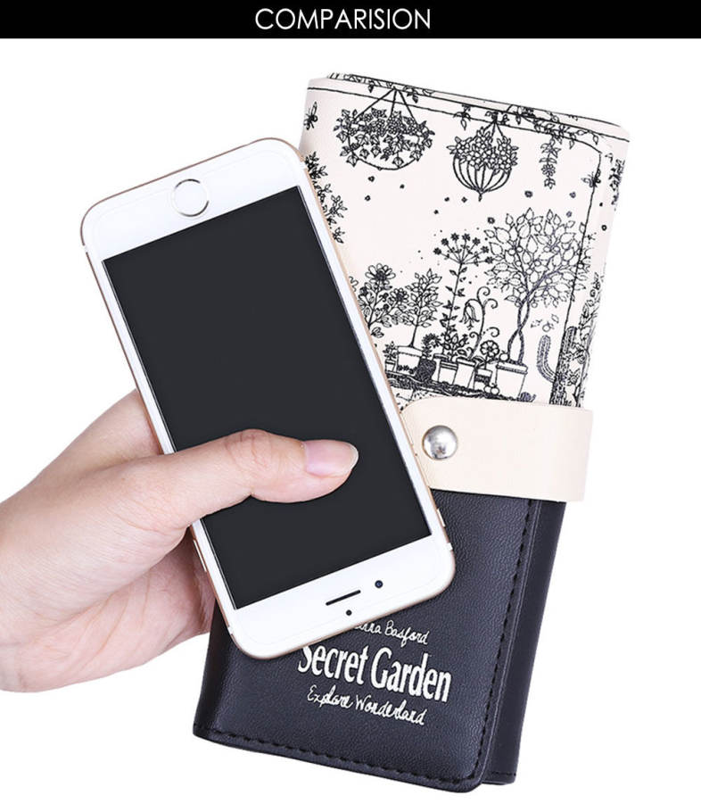 Landscape Image Print Letter Embellishment Snap Fastener Long Clutch Wallet for Lady