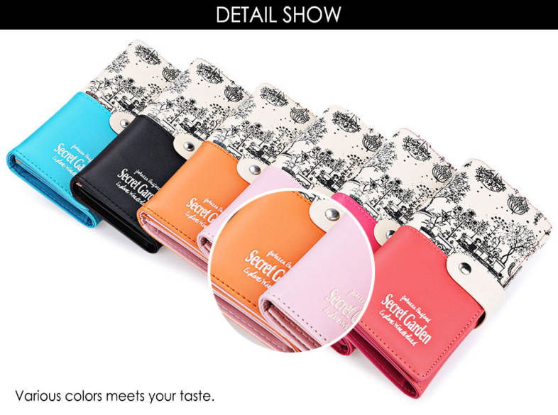 Landscape Image Print Letter Embellishment Snap Fastener Long Clutch Wallet for Lady