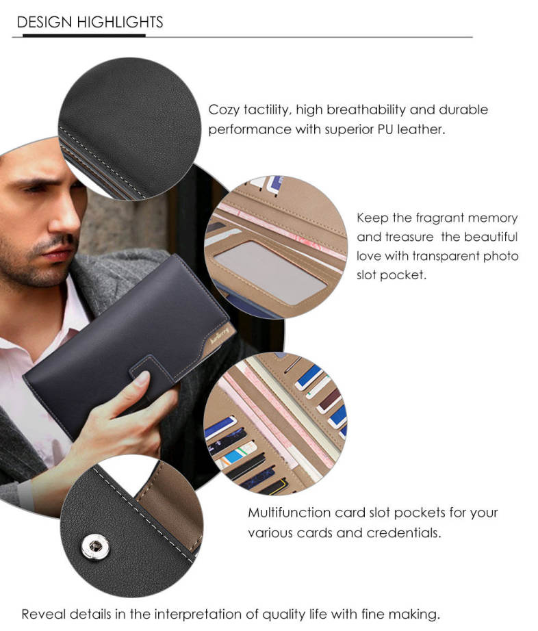 Baellerry Soft Metal Plate Snap Fastener Long Photo Money Card Clutch Wallet for Men