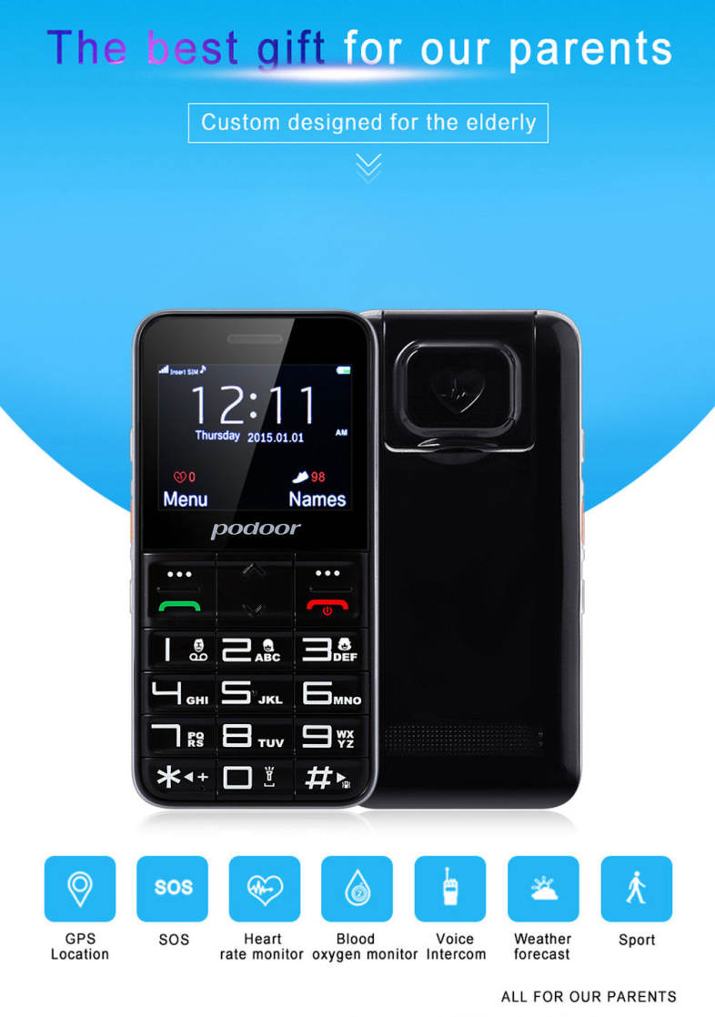 Podoor L1 2.3 inch TFT Screen Quad Band Cell Phone Heart Rate Oxygen Monitor GPS Pedometer Torch Loud Speaker Elder People Mobile ( US Plug )