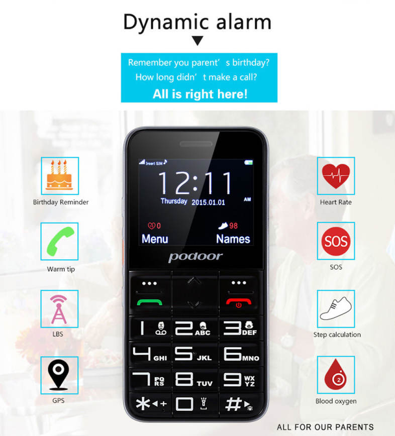Podoor L1 2.3 inch TFT Screen Quad Band Cell Phone Heart Rate Oxygen Monitor GPS Pedometer Torch Loud Speaker Elder People Mobile ( US Plug )