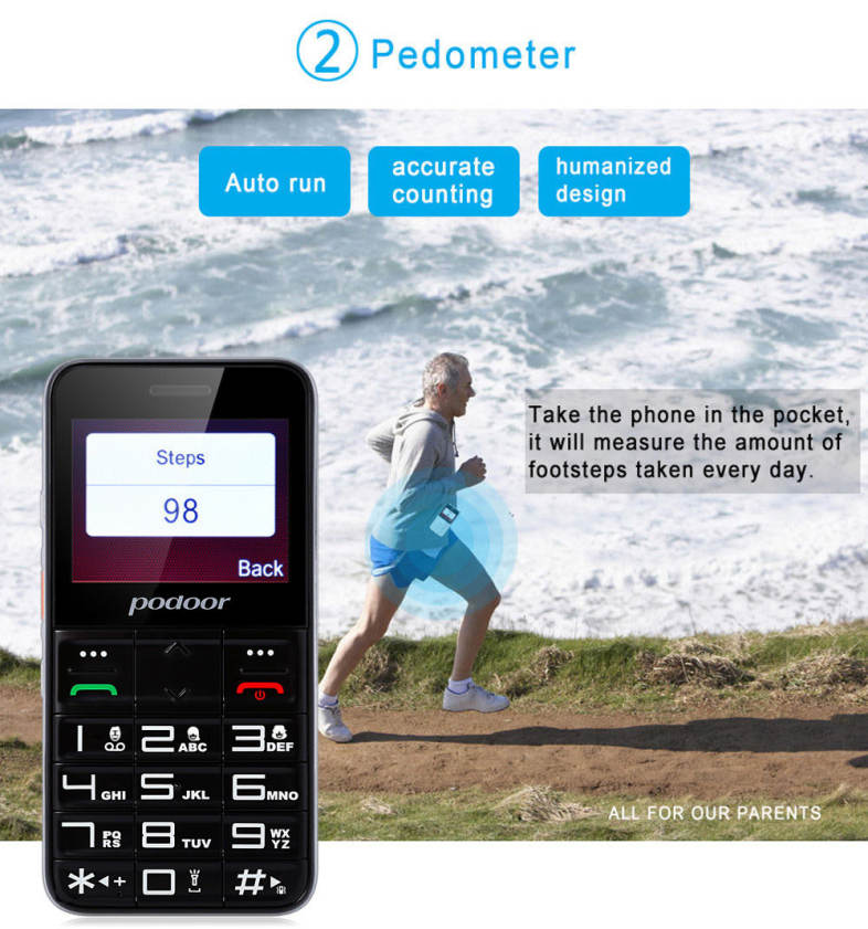 Podoor L1 2.3 inch TFT Screen Quad Band Cell Phone Heart Rate Oxygen Monitor GPS Pedometer Torch Loud Speaker Elder People Mobile ( US Plug )