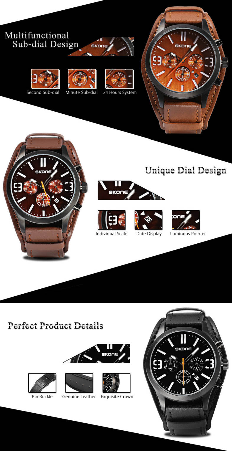 SKONE 9449EG Male Quartz Watch 24 Hours System Stopwatch Luminous Wristwatch